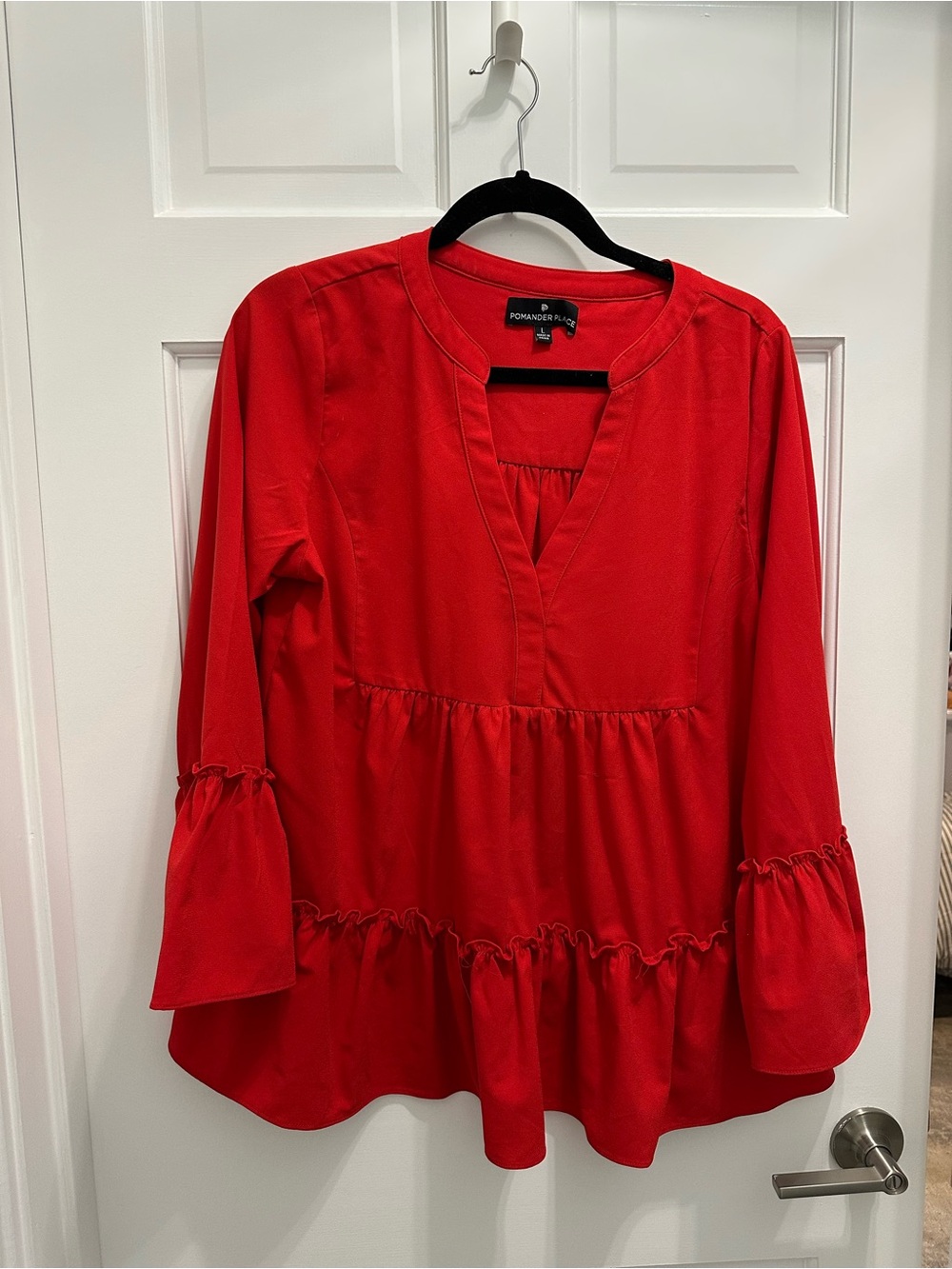 Pomander Place Red V-Neck Ruffle Peplum Tunic